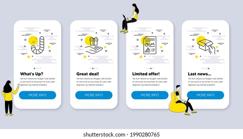 Set of line icons, such as Loyalty program, Report document, Candy icons. UI phone app screens with people. Hold box line symbols. Gift, Growth chart, Lollypop. Delivery parcel. Vector