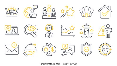 Set of line icons, such as Medical help, Sports arena, Loyalty points symbols. Face detect, Business podium, Approved shield signs. Shipping support, Restaurant food, New mail. Vision test. Vector