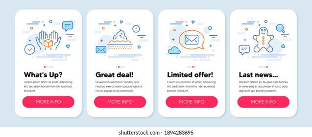 Set of line icons, such as Messenger, Hold box, Skin care symbols. Mobile screen banners. Gingerbread man line icons. New message, Delivery parcel, Face cream. Christmas cookie. Vector
