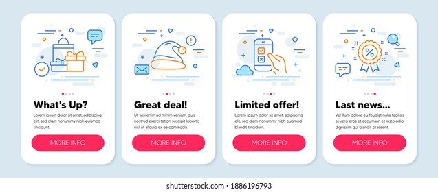 Set of line icons, such as Mobile survey, Shopping, Santa hat symbols. Mobile screen mockup banners. Discount line icons. Phone quiz test, Holiday packages, Christmas. Sale shopping. Vector