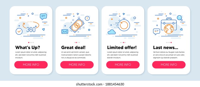 Set of line icons, such as Payment, 360 degrees, Fast recovery symbols. Mobile app mockup banners. Businessman case line icons. Finance, Full rotation, Backup timer. Outsourcing business. Vector