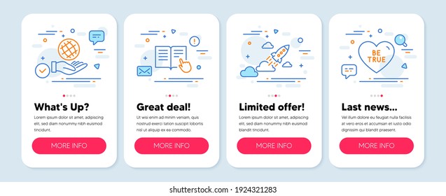 Set of line icons, such as Read instruction, Startup rocket, Safe planet symbols. Mobile screen mockup banners. Be true line icons. Opened book, Business innovation, Ecology. Love sweetheart. Vector