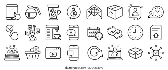 Set of line icons, such as Refresh, Checkbox, Package icons. Video content, Money exchange, Open box signs. Clock, Phone payment, Smartphone message. Coffeepot, Developers chat, Quiz test. Vector