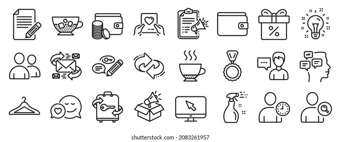 Set of line icons, such as Refresh, Payment method, Luggage icons. Find user, Cloakroom, Cold coffee signs. Medal, E-mail, Idea. Money wallet, Love mail, Time management. Espresso, Article. Vector