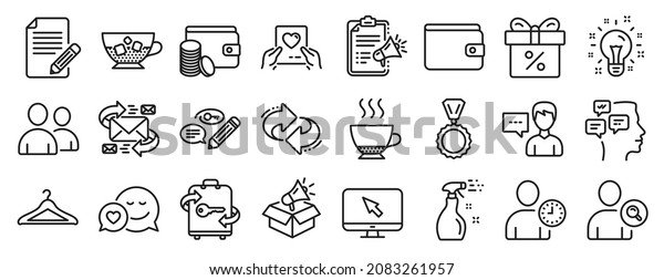 Set of line icons, such as Refresh, Payment
method, Luggage icons. Find user, Cloakroom, Cold coffee signs.
Medal, E-mail, Idea. Money wallet, Love mail, Time management.
Espresso, Article. Vector
