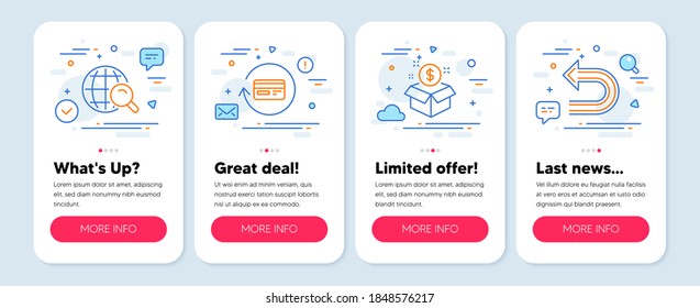 Set von Line-Icons, wie Refund Provision, Internet-Suche, Post-Paket-Symbole. Banner auf mobilen Bildschirmen. Zeilensymbole rückgängig machen. Rückwurfkarte, Web-Finder, Postbox. Links abbiegen. Vektorgrafik