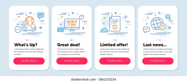 Set of line icons, such as Reject file, Web tutorials, Delivery service symbols. Mobile screen mockup banners. Time zone line icons. Decline agreement, Quick tips, International parcel. Vector