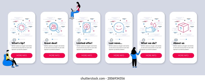 Juego de iconos de línea, como empleados de búsqueda, iconos de sonrisas y guantes de goma. pantallas de aplicación de teléfono de interfaz de usuario con trabajo en equipo. Hdd, Sun, símbolos de línea de paquete. Análisis de personal, emoción de charla, equipos de higiene. Vector