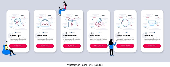 Set of line icons, such as Secret gift, Mail, Recycling icons. UI phone app screens with teamwork. Megaphone box, Mindfulness stress, Bombon coffee line symbols. Vector