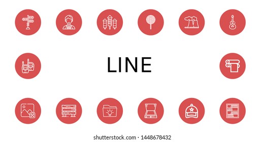 Set of line icons such as Signpost, Coordinator, Rocket, Lollipop, Power plant, Guitar, Image, Fences, Idea, Scanner, Cap, Bookcase, Walkie talkie, Print cylinder , line