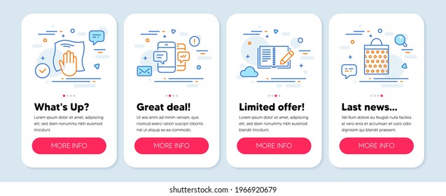 Set of line icons, such as Smartphone sms, Washing cloth, Feedback symbols. Mobile screen mockup banners. Shopping bag line icons. Mobile messages, Wipe with a rag, Book with pencil. Vector