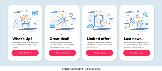 Conjunto de iconos de línea, como los símbolos Spanner, Multichannel, Cross sell. Banners de aplicaciones de pantalla móvil. Mantener iconos de línea cardíaca. Servicio de reparación, multitarea, venta al por menor en el mercado. Cuida el amor. Iconos de Spanner. Vector