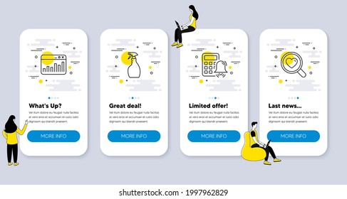 Set of line icons, such as Spray, Calculator alarm, Marketing statistics icons. UI phone app screens with people. Search love line symbols. Washing cleanser, Accounting, Web analytics. Vector