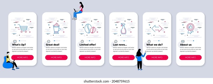 Set of line icons, such as Spray, Coffee beans, Delivery shopping icons. UI phone app screens with teamwork. Latte coffee, Sync, Positive feedback line symbols. Vector