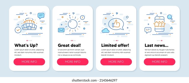Set of line icons, such as Sun energy, Arena stadium, Feedback symbols. Mobile screen mockup banners. Star line icons. Solar power, Competition building, Speech bubble. Phone feedback. Vector