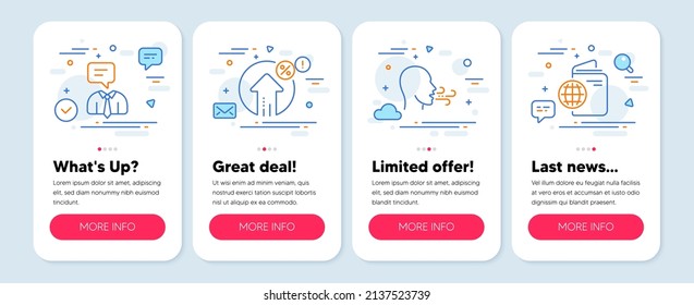 Set of line icons, such as Support service, Loan percent, Breathing exercise symbols. Mobile screen app banners. Travel passport line icons. Human talking, Growth rate, Breath. Trip document. Vector