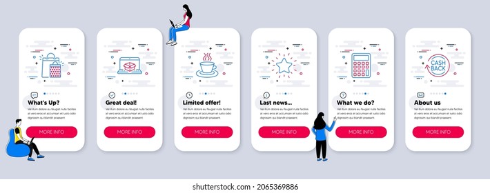 Juego de iconos de línea, como Tea cup, Calculator, Rank star iconos. pantallas de aplicación de teléfono de interfaz de usuario con trabajo en equipo. Entrega en línea, bolsas de compras, símbolos de la línea Cashback. Vector