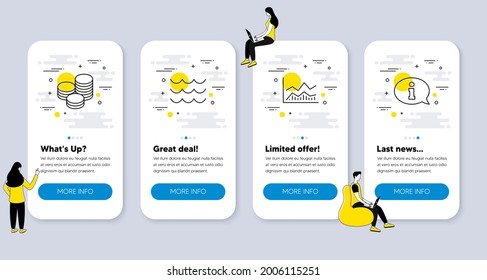 Juego de iconos de línea, como Consejos, Información sobre operaciones, Iconos de ondas. pantallas de aplicación de la interfaz de usuario con personas. Símbolos de línea de información. Monedas en efectivo, Análisis de negocios, Ola de agua. Centro de información. Vector
