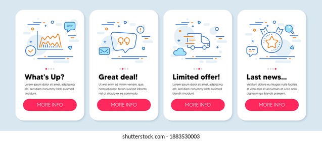 Set of line icons, such as Trade chart, Quote bubble, Truck delivery symbols. Mobile screen mockup banners. Ranking star line icons. Market data, Chat comment, Express service. Winner medal. Vector