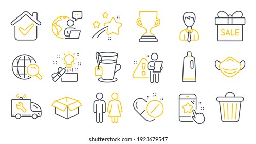 Set of line icons, such as Trash bin, Star rating, Opened box symbols. Medical mask, Internet search, Car service signs. Shampoo, Tea, Businessman. Restroom, Award cup, Sale offer. Vector