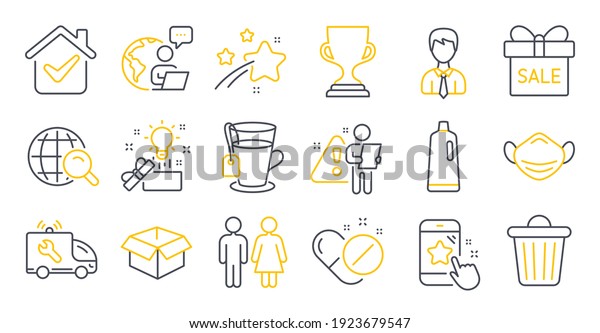 Set\
of line icons, such as Trash bin, Star rating, Opened box symbols.\
Medical mask, Internet search, Car service signs. Shampoo, Tea,\
Businessman. Restroom, Award cup, Sale offer.\
Vector