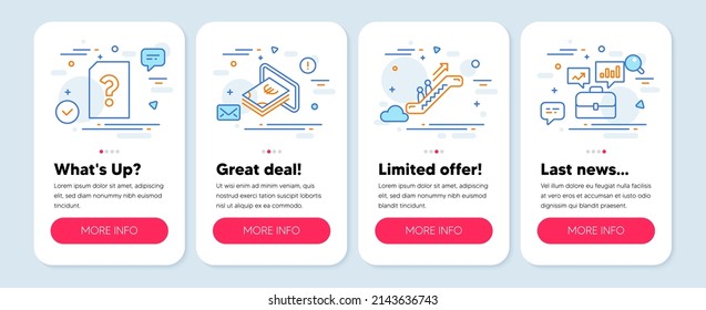 Set of line icons, such as Unknown file, Cash, Escalator symbols. Mobile screen app banners. Business portfolio line icons. Doc with question mark, Atm payment, Elevator. Job interview. Vector