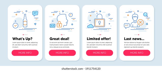 Set of line icons, such as Unlock system, Lock, Beer bottle symbols. Mobile screen mockup banners. Remove account line icons. Access granted, Private locker, Craft beer. Delete user. Vector
