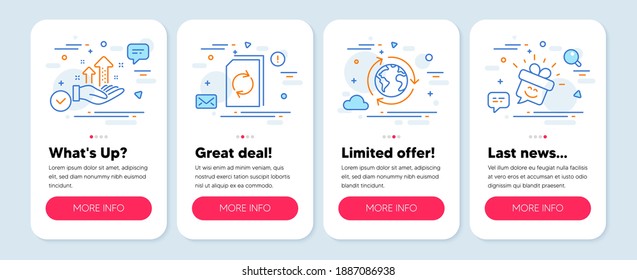 Set of line icons, such as Update document, Outsourcing, Analysis graph symbols. Mobile screen mockup banners. Smile line icons. Refresh file, Around the world, Targeting chart. Gift box. Vector