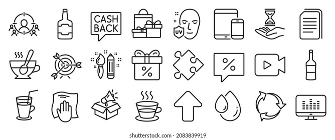 Set of line icons, such as Upload, Washing cloth, Time hourglass icons. Creativity, Tea cup, Mobile devices signs. Shopping, Coffee cup, Discount offer. Copy files, Target, Recycle. Wine. Vector