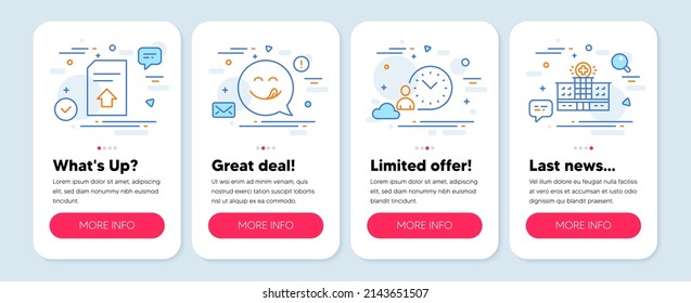 Set of line icons, such as Upload file, Time management, Yummy smile symbols. Mobile screen app banners. Hospital building line icons. Load document, Work time, Emoticon. Medical help. Vector