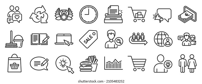 Set Of Line Icons, Such As User Idea, Sale Ticket, Laureate Medal Icons. Feedback, Search People, Time Signs. Money Diagram, Megaphone, Online Buying. People Talking, Dating Chat, Message. Vector