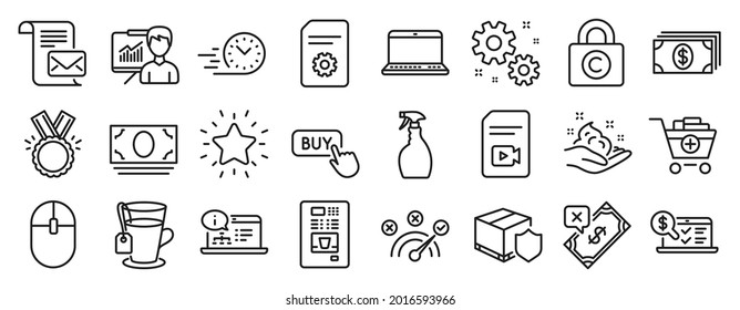 Set of line icons, such as Video file, Spray, Work icons. Copyright locker, Fast delivery, Computer mouse signs. Presentation, Online documentation, Online accounting. Banking, Cash money. Vector