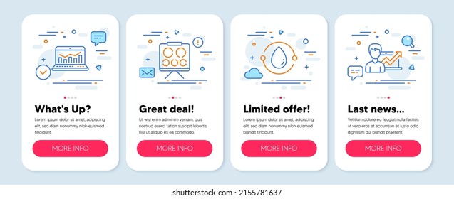 Set of line icons, such as Web analytics, Cold-pressed oil, Vision board symbols. Mobile screen mockup banners. Success business line icons. Statistics, Organic tested, Eye check. Growth chart. Vector