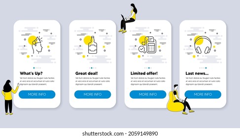 Set of line icons, such as Whiskey bottle, Bill accounting, Brand ambassador icons. UI phone app screens with people. Headphones line symbols. Scotch alcohol, Audit report, Megaphone. Vector