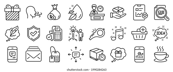 Set of line icons, such as Whistle, Sms, Smartphone statistics icons. Message, Check article, Tea bag signs. Breathing exercise, Report checklist, Add purchase. Mail, Cash, Delivery timer. Vector