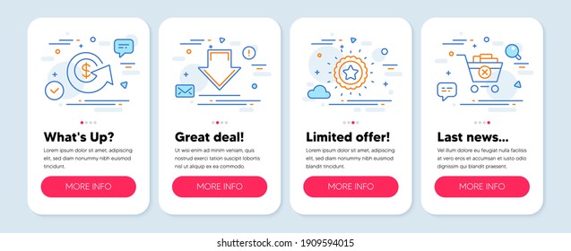 Set of line icons, such as Winner star, Dollar exchange, Downloading symbols. Mobile screen mockup banners. Remove purchase line icons. Best award, Money refund, Load information. Vector