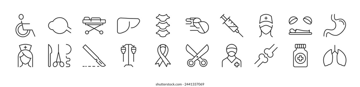 Set of line icons of surgeon. Editable stroke. Simple outline sign for web sites, newspapers, articles book