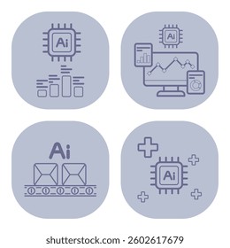 Set of line icons symbolizing artificial intelligence. Data analysis, machine learning, and automation in minimalist style