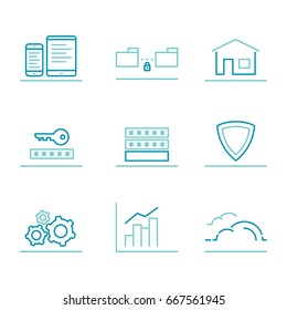 Set of line icons. IT technology, office, business, productivity, data exchange, devices, safety