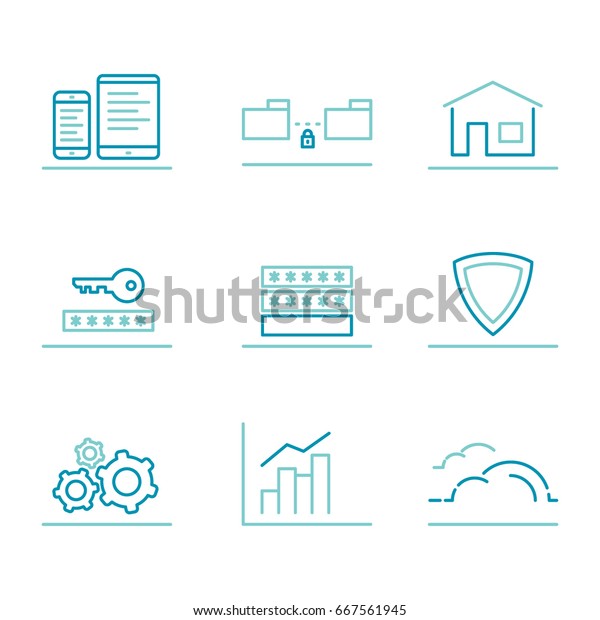 Set of line icons. IT
technology, office, business, productivity, data exchange, devices,
safety