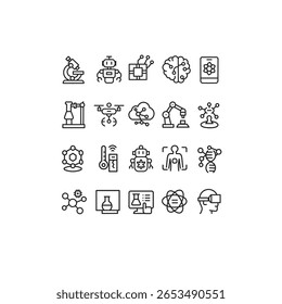 set of line icons for technology, science and artificial intelligence themes, suitable for education, presentations, applications, technology websites, future science innovation projects