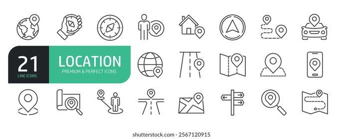 Set of line icons that includes location, map, navigation.