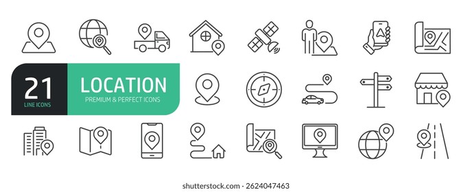 Conjunto de iconos de línea que incluye Locación, mapa, navegación.