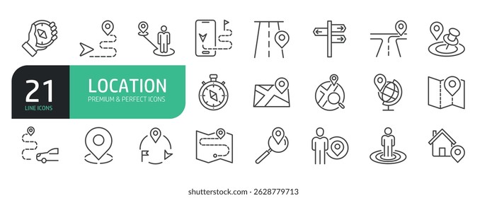 Set of line icons that includes location, map, navigation.