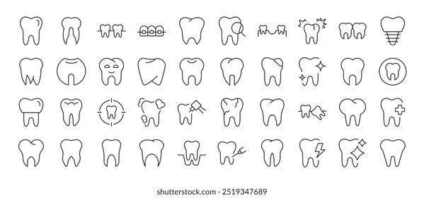 Conjunto de iconos de línea de diente. Trazo Editable. Pictograma lineal minimalista para el diseño de tarjetas, App, Anuncios, publicaciones