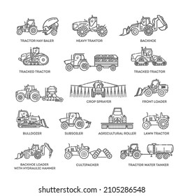 Set line icons of tractors. The set of Agricultural machinery.