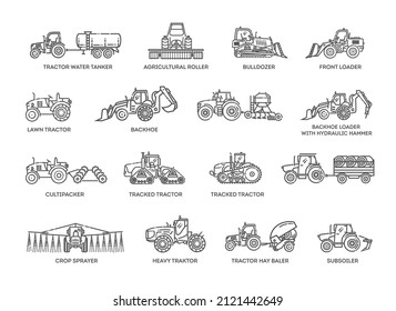 Set line icons of tractors. The set of Agricultural machinery.