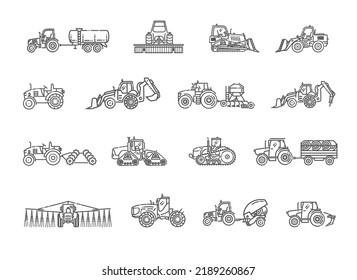 Set line icons of tractors. The set of Agricultural machinery.