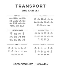 Establecer iconos de línea de transporte aislados en blanco. Camiones, tractores, motocicletas, helicópteros, barcos, aviones. Ilustración del vector