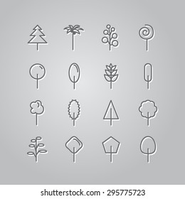 Set of line icons. Trees: palm tree, fir-tree, oak, pine. Vector illustration